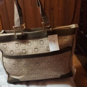 Salvatore Ferragamo Beige Logo Canvas Tote with Dark Brown Trim